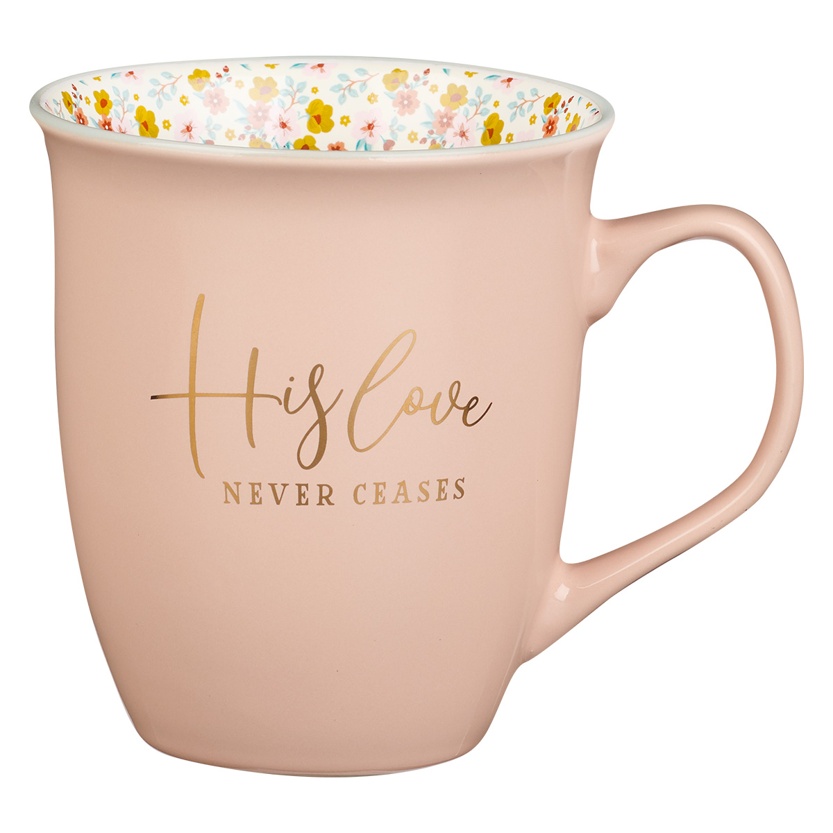 His Love Never Ceases Pink With Flower Interior (Ceramic Mug)